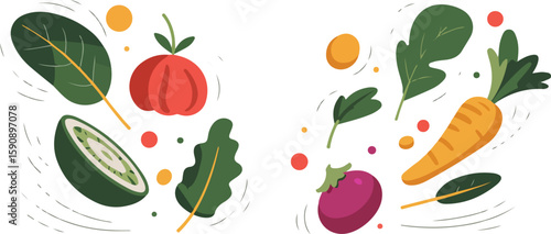 Vibrant illustration of various fresh vegetables. Vegetables such as tomato, carrot, eggplant and other healthy green ingredients create a colorful composition. 