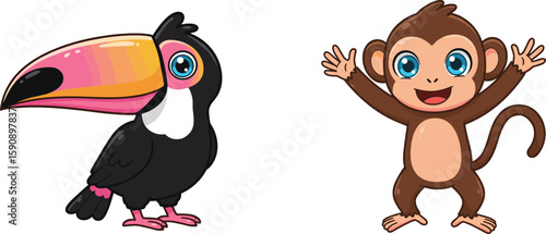 Photography Cartoon toucan and monkey illustration, tropical animal characters, vector jungl