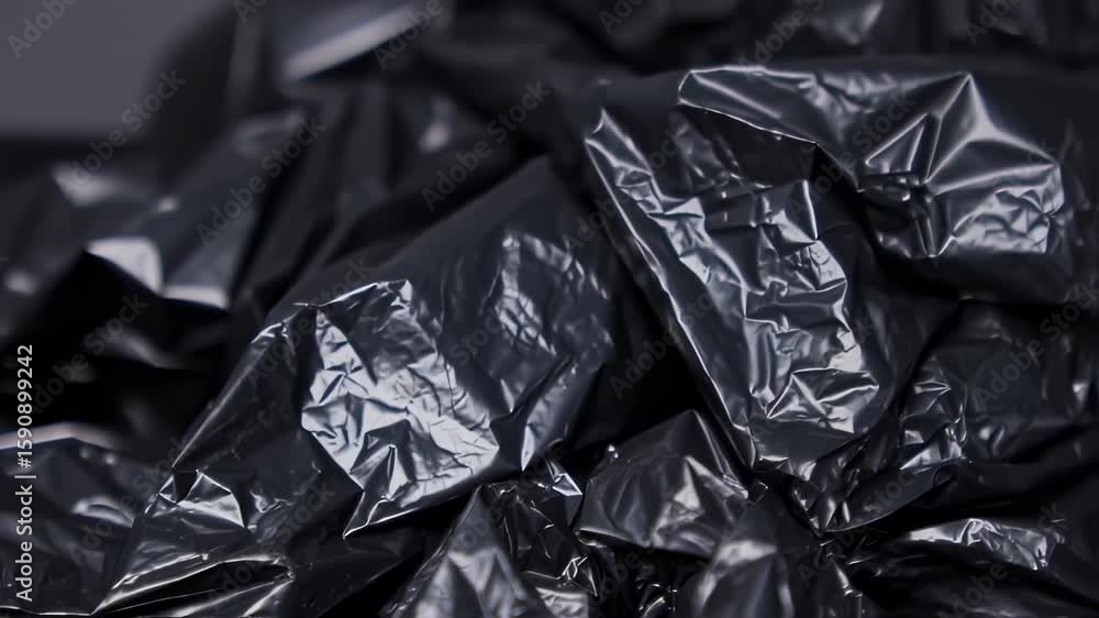 Closeup crumpled black plastic material Closeup crumpled black plastic material
