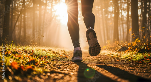Morning sunlight streams through trees as a person runs on a path, promoting health and fitness in nature.