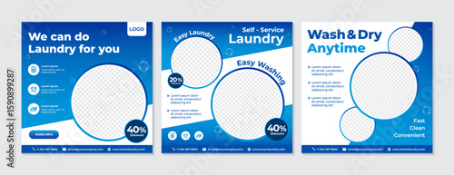 Laundry Service Social Media Post Templates Set, Modern Self Service Laundromat Marketing Banners.