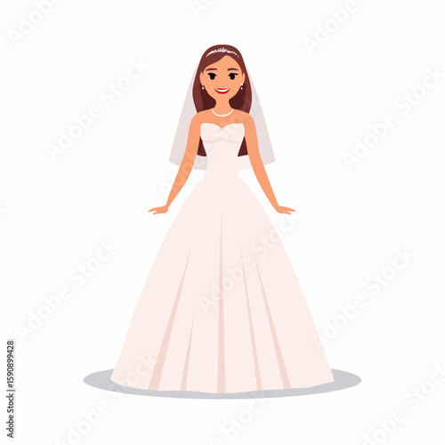 Flat design vector of a bride in a ball gown wedding dress with long sleeves, full-body front view, clean white background
