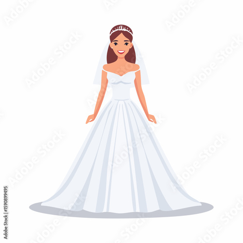 Flat design vector of a bride in a ball gown wedding dress with long sleeves, full-body front view, clean white background