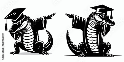 Alligator wear graduation cap and pose dabbing. Diploma Graduate Commencement Ceremony Cartoon Clipart Line Art Vector Illustration. Reptile donning mortarboard hat striking cool dance.
