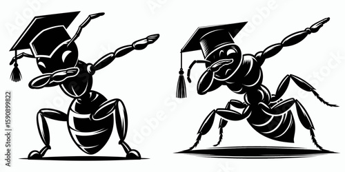 Ant wear graduation cap and pose dabbing. Diploma Graduate Commencement Ceremony Cartoon Clipart Line Art Vector Illustration. Tiny insect in mortarboard making a gesture for photograph.