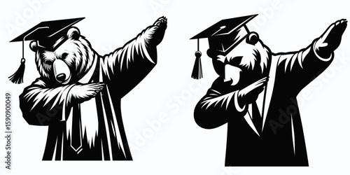 Bear wear graduation cap and pose dabbing. Diploma Graduate Commencement Ceremony Cartoon Clipart Line Art Vector Illustration. Toy animal don headgear strike triumphant stance cool.