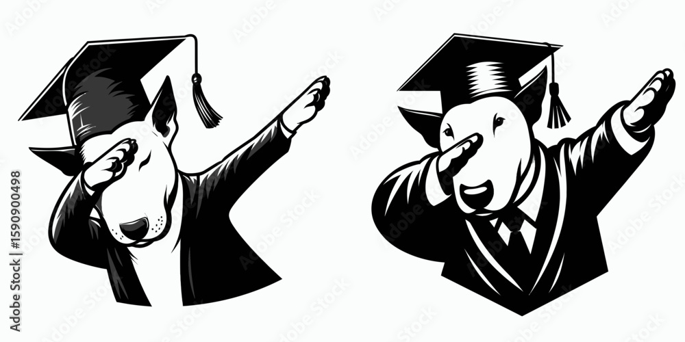 Obraz premium Bull Terrier Dog wear graduation cap and pose dabbing. Diploma Graduate Commencement Ceremony Cartoon Clipart Line Art Vector Illustration. Canine in mortarboard makes cool gesture academy.