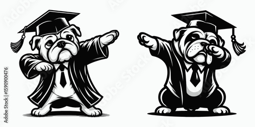 Bulldog Dog wear graduation cap and pose dabbing. Diploma Graduate Commencement Ceremony Cartoon Clipart Line Art Vector Illustration. canine academic attire headgear dab gesture.