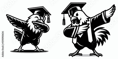 Chicken wear graduation cap and pose dabbing. Diploma Graduate Commencement Ceremony Cartoon Clipart Line Art Vector Illustration. Fowl don hat strike attitude while gesturing cool.