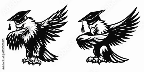 Eagle wear graduation cap and pose dabbing. Diploma Graduate Commencement Ceremony Cartoon Clipart Line Art Vector Illustration. Bird in academic hat making a fun stance.