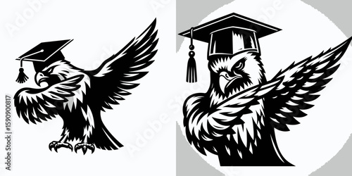 Falcon wear graduation cap and pose dabbing. Diploma Graduate Commencement Ceremony Cartoon Clipart Line Art Vector Illustration. Bird attire mortarboard strike a cool stance celebrate.