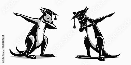 Kangaroo wear graduation cap and pose dabbing. Diploma Graduate Commencement Ceremony Cartoon Clipart Line Art Vector Illustration. Marsupial in mortarboard strikes dab stance celebrating.