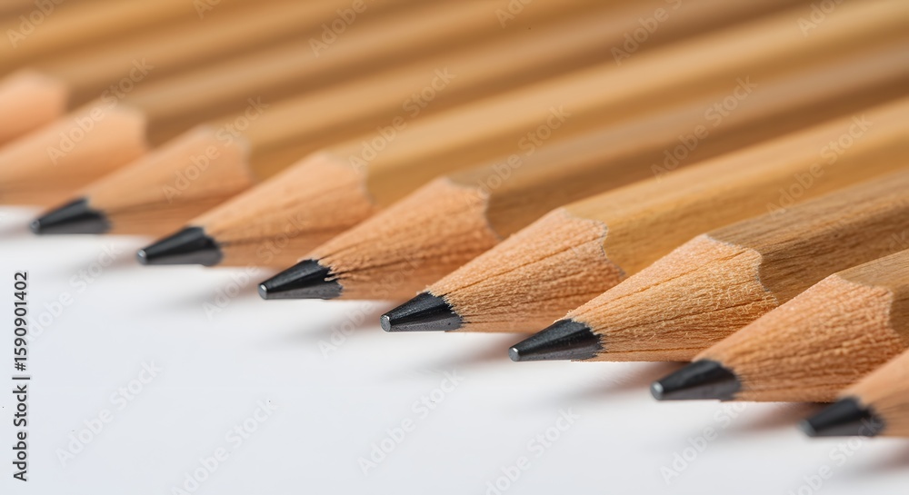 Obraz premium A row of sharpened, unpainted wooden pencils with graphite tips, aligned diagonally on a white surface, showing precision and detail.