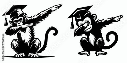Monkey wear graduation cap and pose dabbing. Diploma Graduate Commencement Ceremony Cartoon Clipart Line Art Vector Illustration. Primate don academic headgear strike celebratory dab stance.