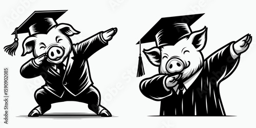 Pig wear graduation cap and pose dabbing. Diploma Graduate Commencement Ceremony Cartoon Clipart Line Art Vector Illustration. Hog don academic headgear strike a dabbing figure celebratory.