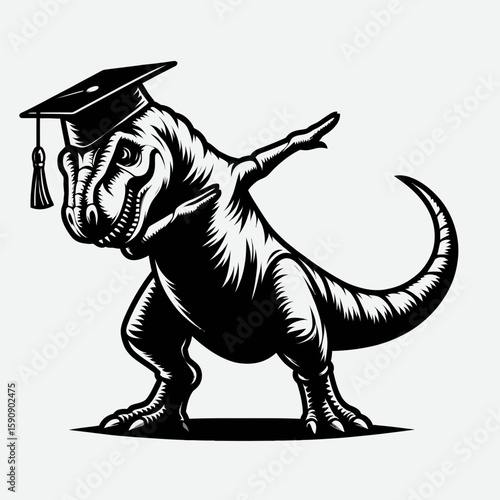 T rex wear graduation cap and pose dabbing. Diploma Graduate Commencement Ceremony Cartoon Clipart Line Art Vector Illustration. Dinosaur in mortarboard strikes dab stance scholastic.