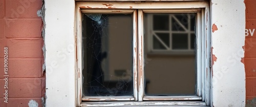 Aged  weathered window frame in a building s facade  showing chipped paint and cracked glass  texture  antique