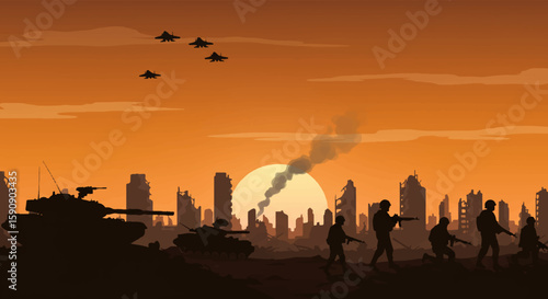 Post-Apocalyptic Urban Ruins at Sunset with Tank, Armed Soldiers, Fighter Jets, and Smoking Buildings – Flat Vector Silhouette Illustration