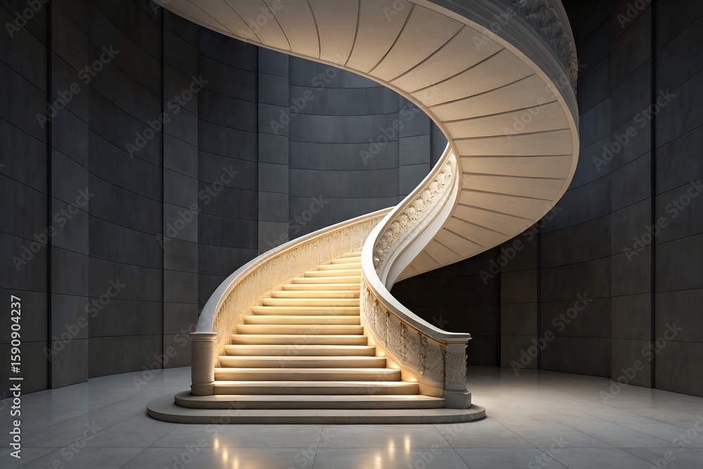 Obraz premium Illuminated Spiral Staircase in Dark Cylindrical Stone Room with Smooth Curves and Ambient Lighting