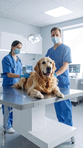 Veterinarian examining a golden retriever
