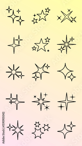 Star sparkle outline doodle set vector. Hand drawn star glitter sparks outline. Sparkle and starburst icons. Glittering spark star outline shapes. Shiny line firework star outline icon. Sparkle star