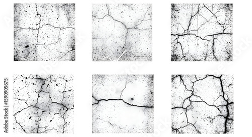 Cracked Concrete: A detailed and textural study of six distinct squares of weathered concrete, showcasing intricate cracks that narrate tales of age and erosion.