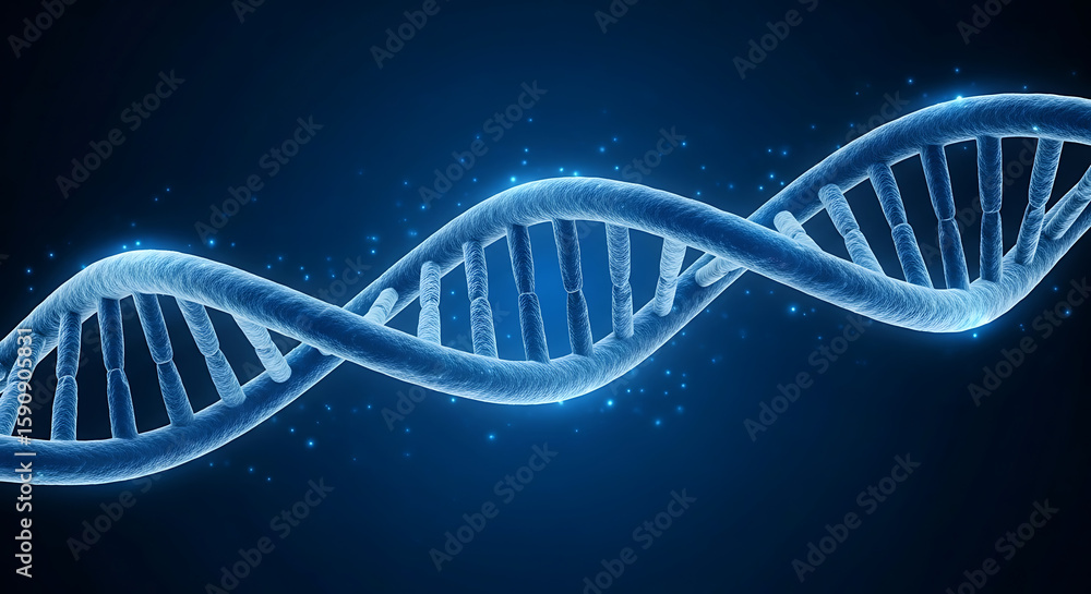 Illuminated dna double helix structure against a dark blue background with glowing particles around it - ai generated Illuminated dna double helix structure against a dark blue background with glowing particles around it - ai generated