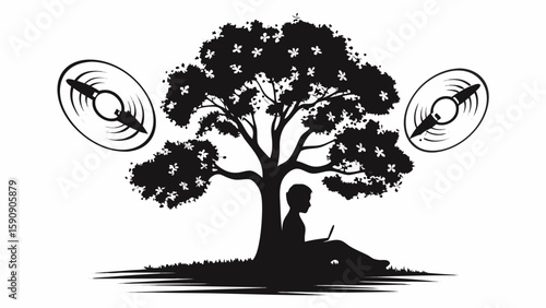 Silhouette of person using laptop under tree with flower blossoms and drone hovering above in monochrome