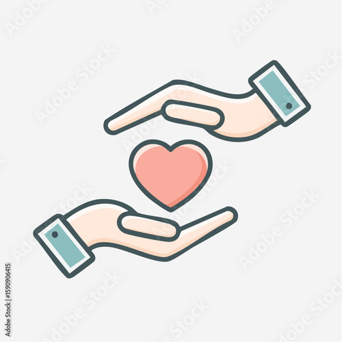 Minimalist line art of hands holding a heart between them, representing kindness, charity, affection, or emotional connection, ideal for social, healthcare, or love-related branding.
