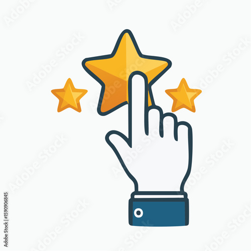 Modern vector icon of a hand clicking on a large star with two smaller stars beside it, symbolizing quality, ranking, review, or rating in a clean minimalist style suitable for feedback, success, or a