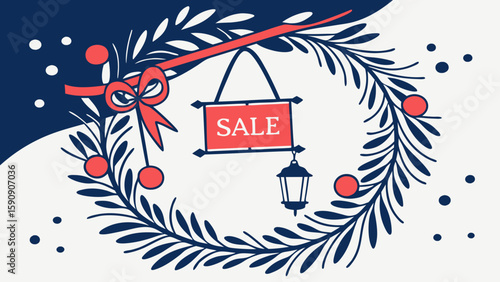 Christmas greeting card , social media poster sale sign on a decorated pine wreath, drawing in navy blue white background vector illustration.
