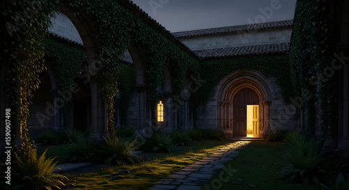 An ancient courtyard at night with ivycovered arches and a glowing doorway