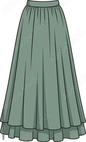 Elegant Tiered Maxi Skirt Vector Illustration. Flowing Women's Skirt Apparel CAD Drawing for Bohemian or Casual Fashion.