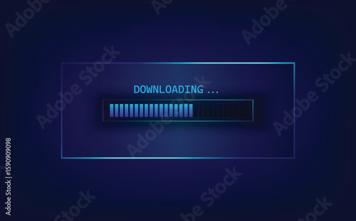 Futuristic download progress bar and glowing blue loading indicator for data transfer or application updates. A modern user interface element on a dark digital technology background.