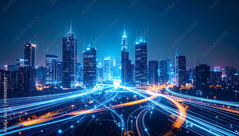 Fototapeta premium Futuristic City Nightscape with Glowing Blue Lights and Dynamic Traffic Flow