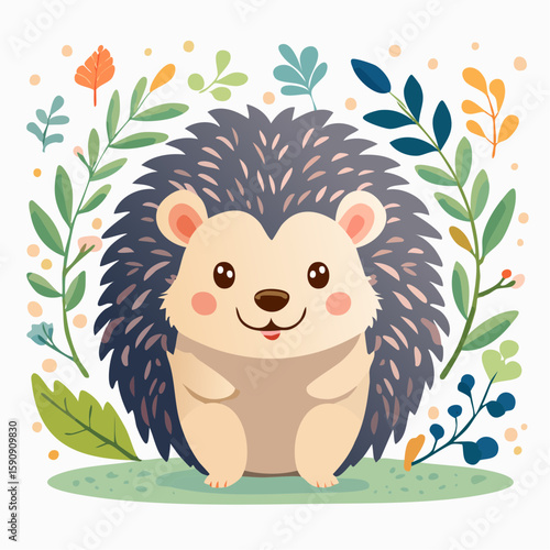 Charming cartoon hedgehog with rosy cheeks, nestled among vibrant leaves and hearts, conveying warmth, love, and innocence, ideal for kids' products, greetings, or educational materials.
