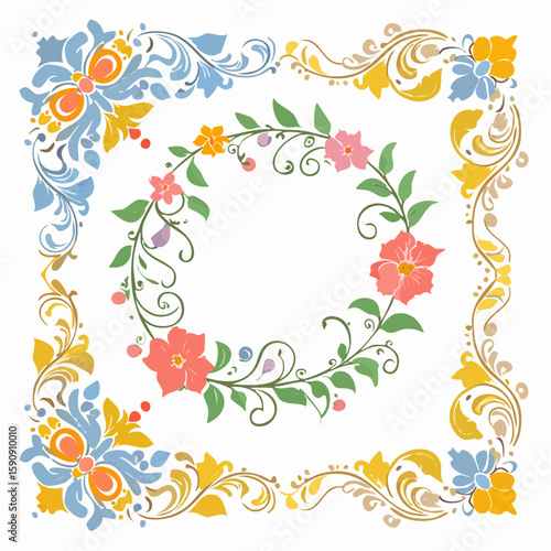 Playful floral frame with a mix of colorful flowers and intricate curves, creating a lively border for celebration, wedding, or springtime projects.
