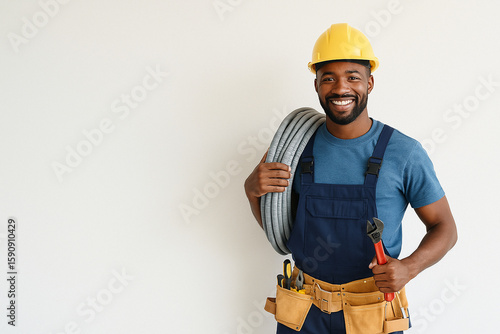 Smiling electrician with tools and copy space