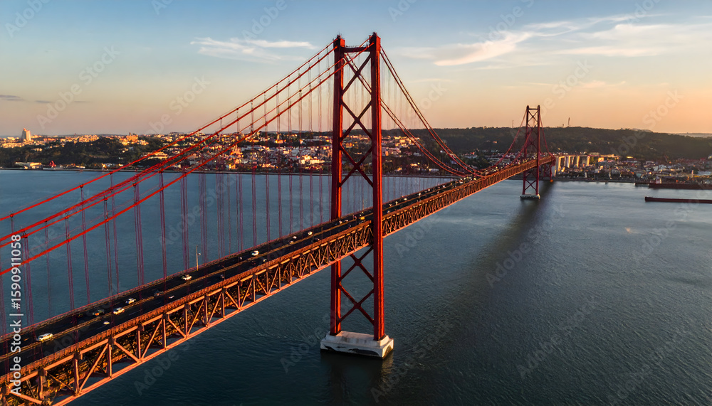 Fototapeta premium Red Suspension Bridge Over River at Sunset, Lisbon