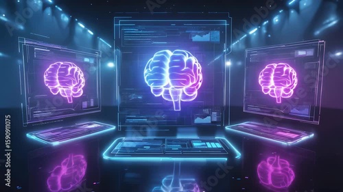 Ai brain technology artificial intelligence neural network deep learning concept future tech innovation. 
Futuristic brain scan interface. Neon hologram of human brain. Medical tech glowing display
