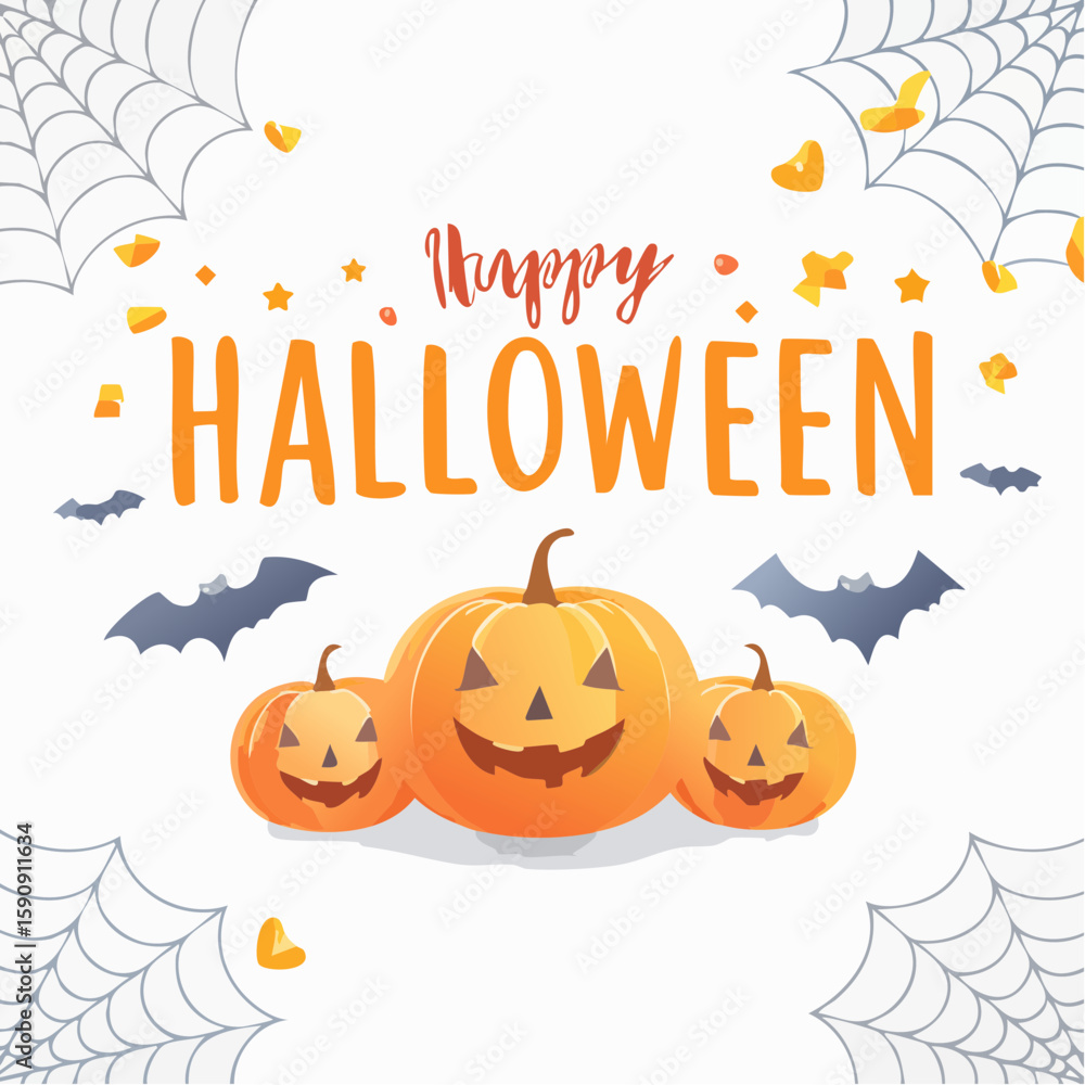 Festive Halloween illustration featuring carved pumpkins, spooky bats, and spider webs with a cheerful Festive Halloween illustration featuring carved pumpkins, spooky bats, and spider webs with a cheerful