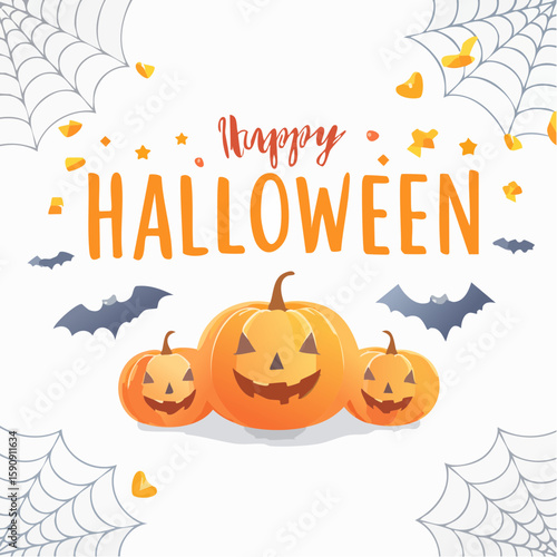 Festive Halloween illustration featuring carved pumpkins, spooky bats, and spider webs with a cheerful "Happy Halloween" message, perfect for party invitations, banners, and greeting cards.
