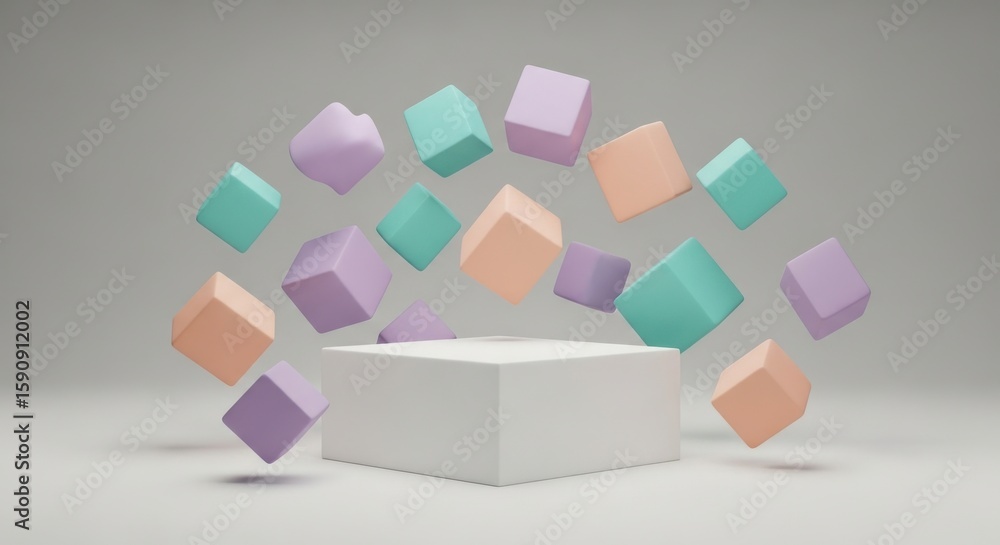 Fototapeta premium Colorful cubes float around a white display stage