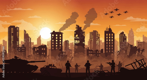 Sunset View of Post-Apocalyptic City Ruins with Silhouetted Tank, Armed Soldiers, Smoking Buildings, and Fighter Jets – Flat Vector Illustration