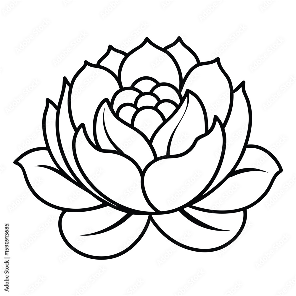 Obraz premium Stylized black outline of a lotus flower isolated on white background