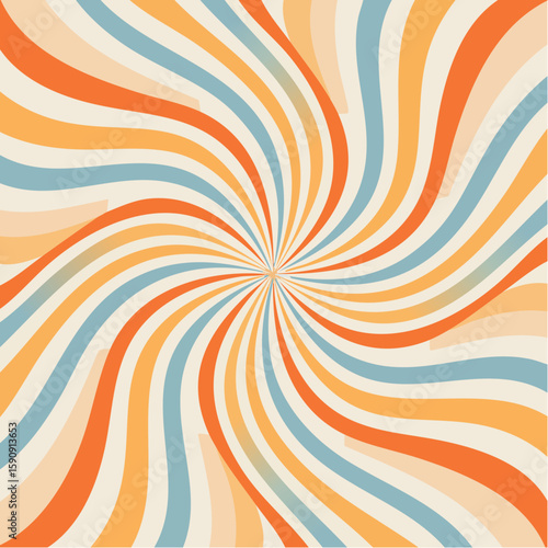 Abstract radiating lines in a swirling pattern with harmonious colors of orange, teal, and cream, ideal for backgrounds, wallpapers, branding, and contemporary visual designs.
