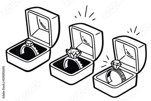Three elegant diamond engagement rings displayed open in boxes for romantic wedding proposals