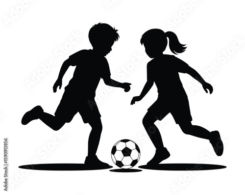 Kids Playing Soccer Silhouette, Boy and Girl Football Action Vector