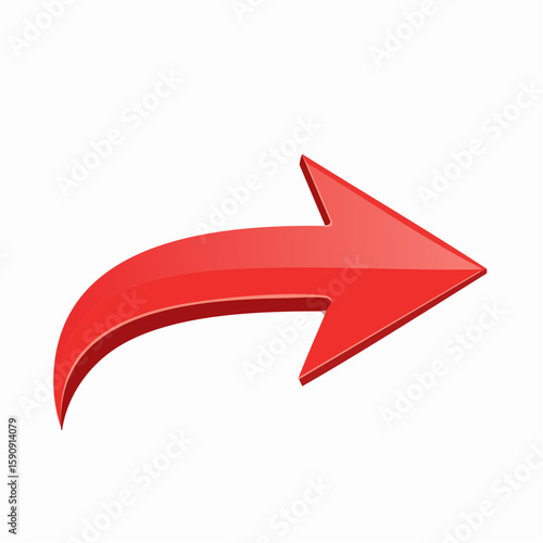 Bright red vector arrow with shiny, metallic finish indicating movement or progress, ideal for web design, infographics, traffic directions, or emphasis in promotional materials.
