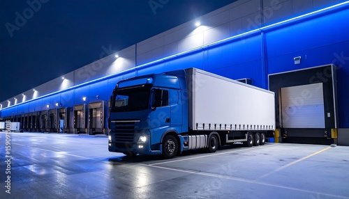 Blue truck at night warehouse